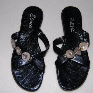 NWOT Elena Black Patent Leather Flat Sandals, Women Size US 7.5